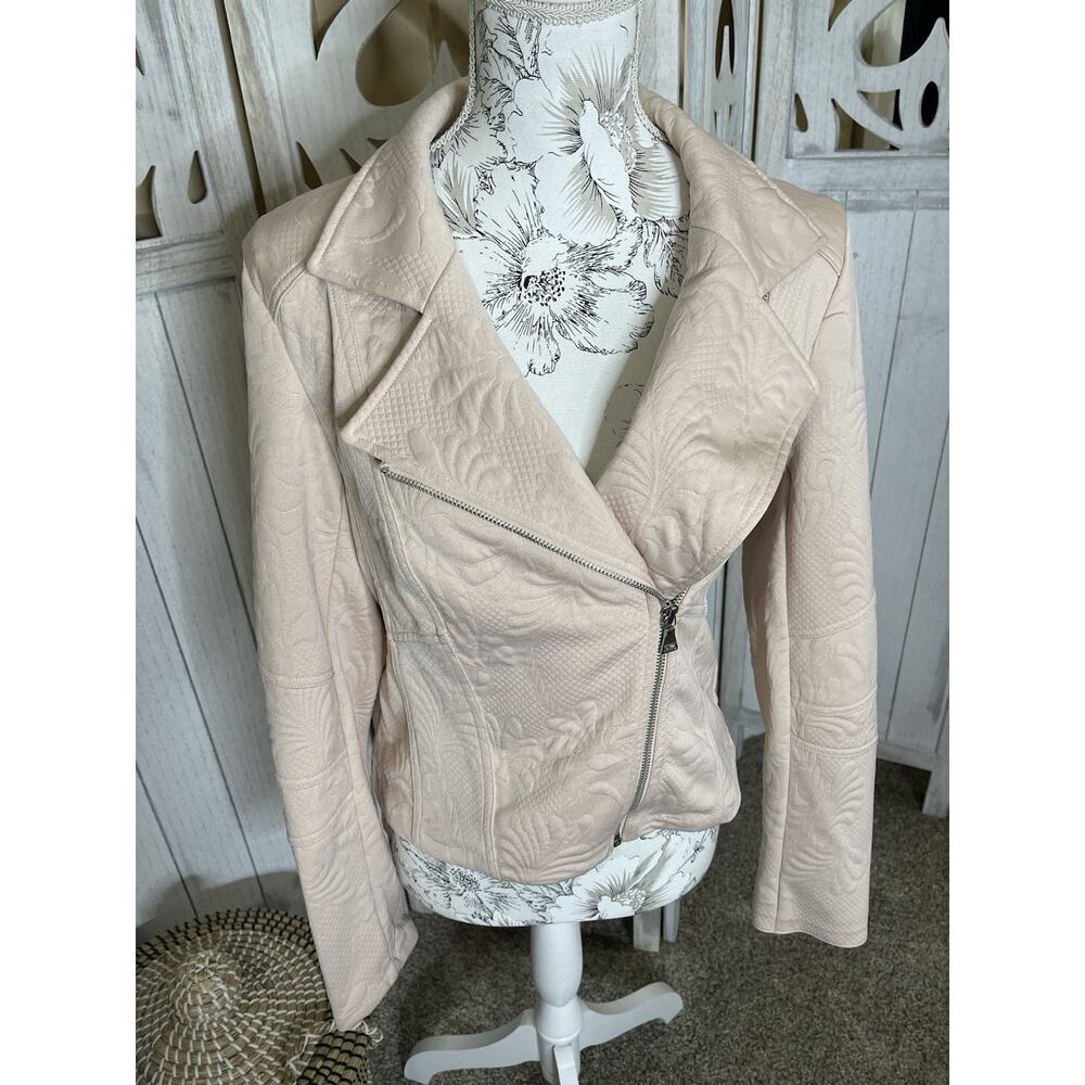 Express Womens Moto Jacket Floral Peach Pink Faux Leather Size Medium